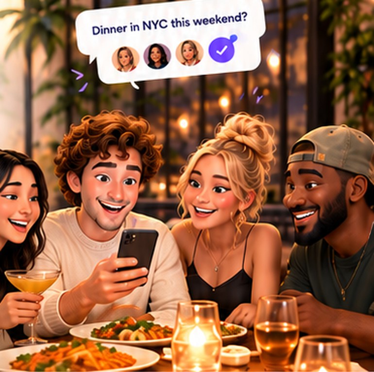 Four friends at dinner laughing at a phone, with a Lida message asking “Dinner in NYC this weekend?”